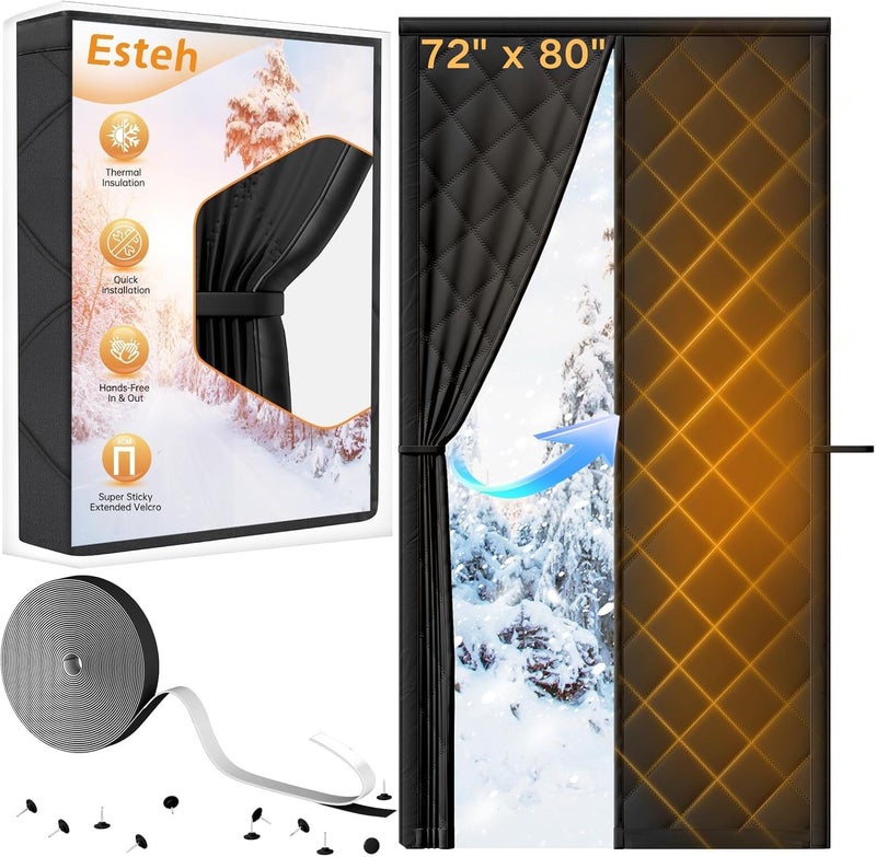 Esteh Magnetic Thermal Insulated Door Curtain for Winter Fits Door Size 72" x 80", Temporary Thermal Door Cover for Cold with Thickened Cotton, Window Insulation Kit for Sliding Glass Doorways-Black - Image 1